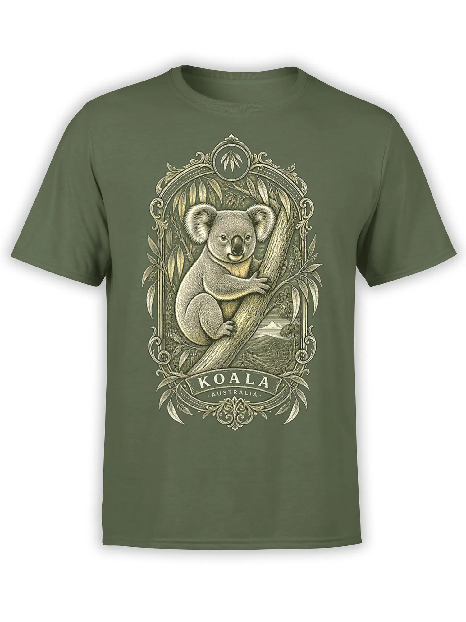 Vintage koala and eucalyptus graphic on a green T-shirt with an ornate KOALA AUSTRALIA frame