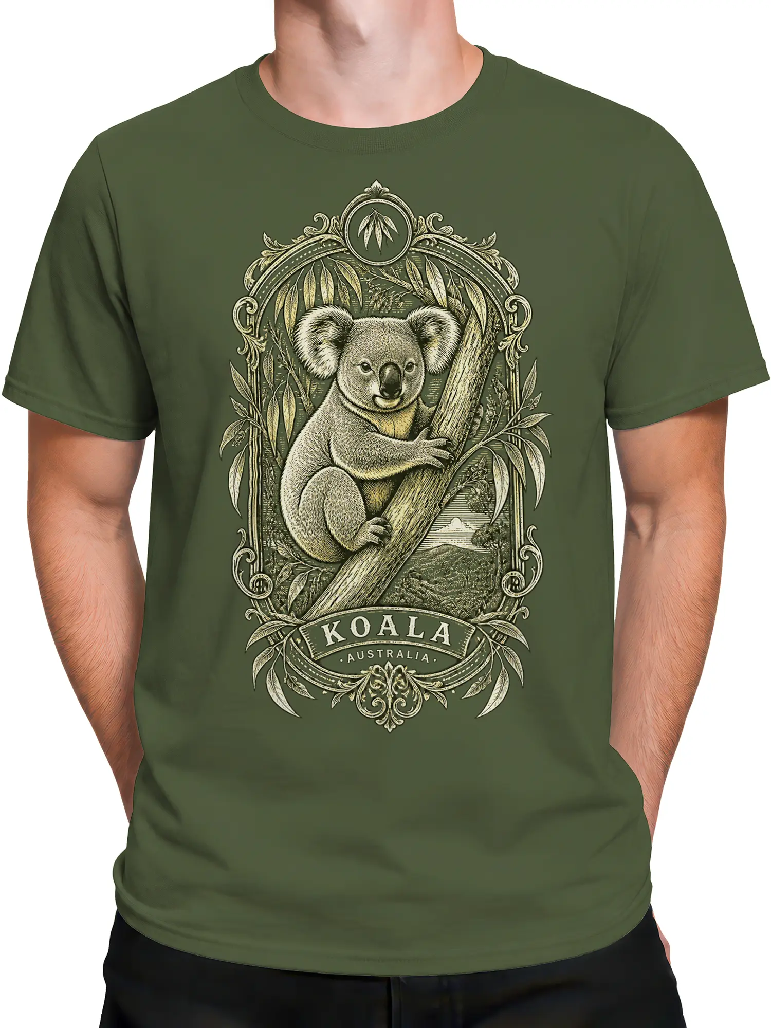 Male torso wearing a green vintage koala T-shirt with Australian wildlife artwork