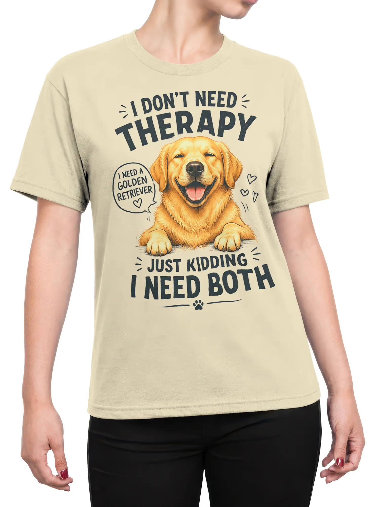 Female torso wearing beige golden retriever therapy graphic T-shirt