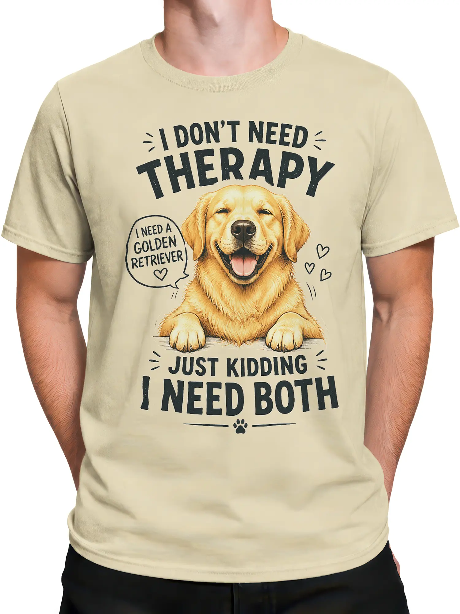 Male torso wearing beige golden retriever therapy graphic T-shirt