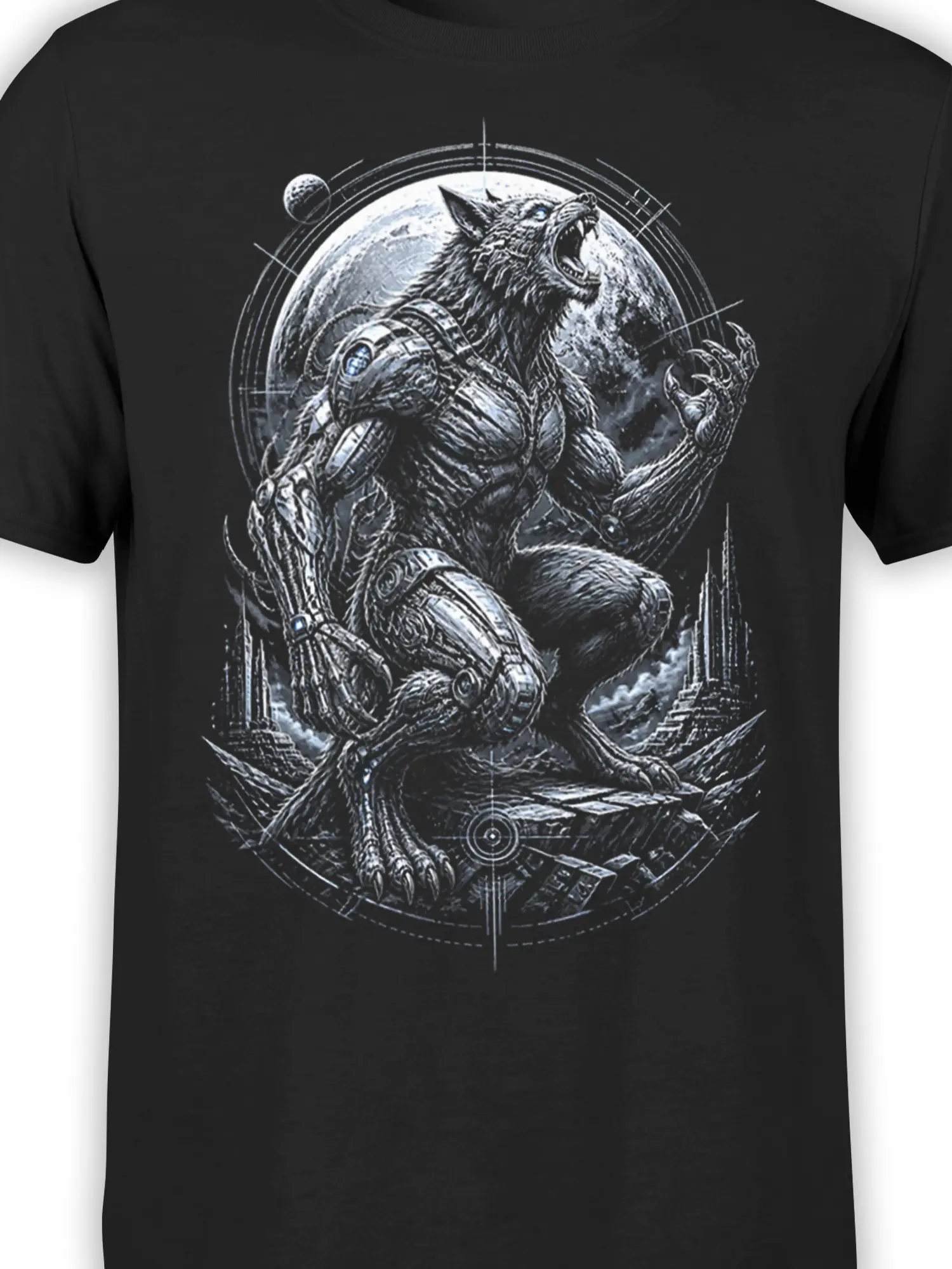 Detailed close-up of the armored cosmic wolf artwork on a black fantasy T-shirt