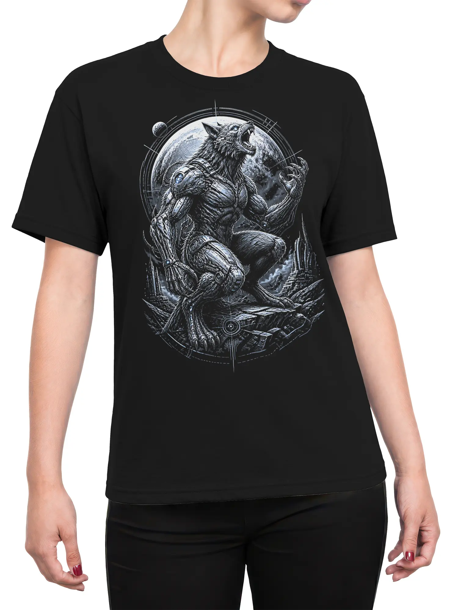 Female torso wearing a black T-shirt with an armored wolf and cosmic fantasy artwork