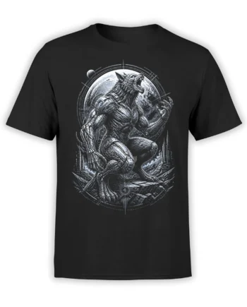 Armored snarling wolf in a cosmic fantasy scene printed on a black wolf T-shirt
