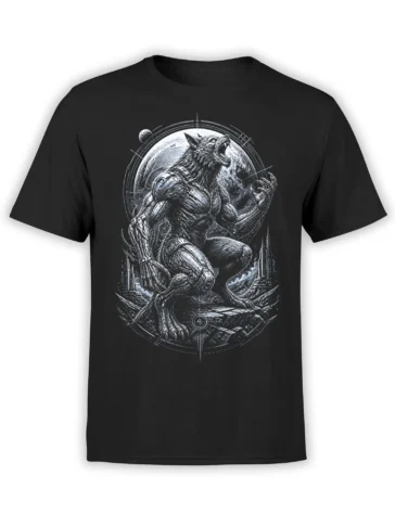 Armored snarling wolf in a cosmic fantasy scene printed on a black wolf T-shirt