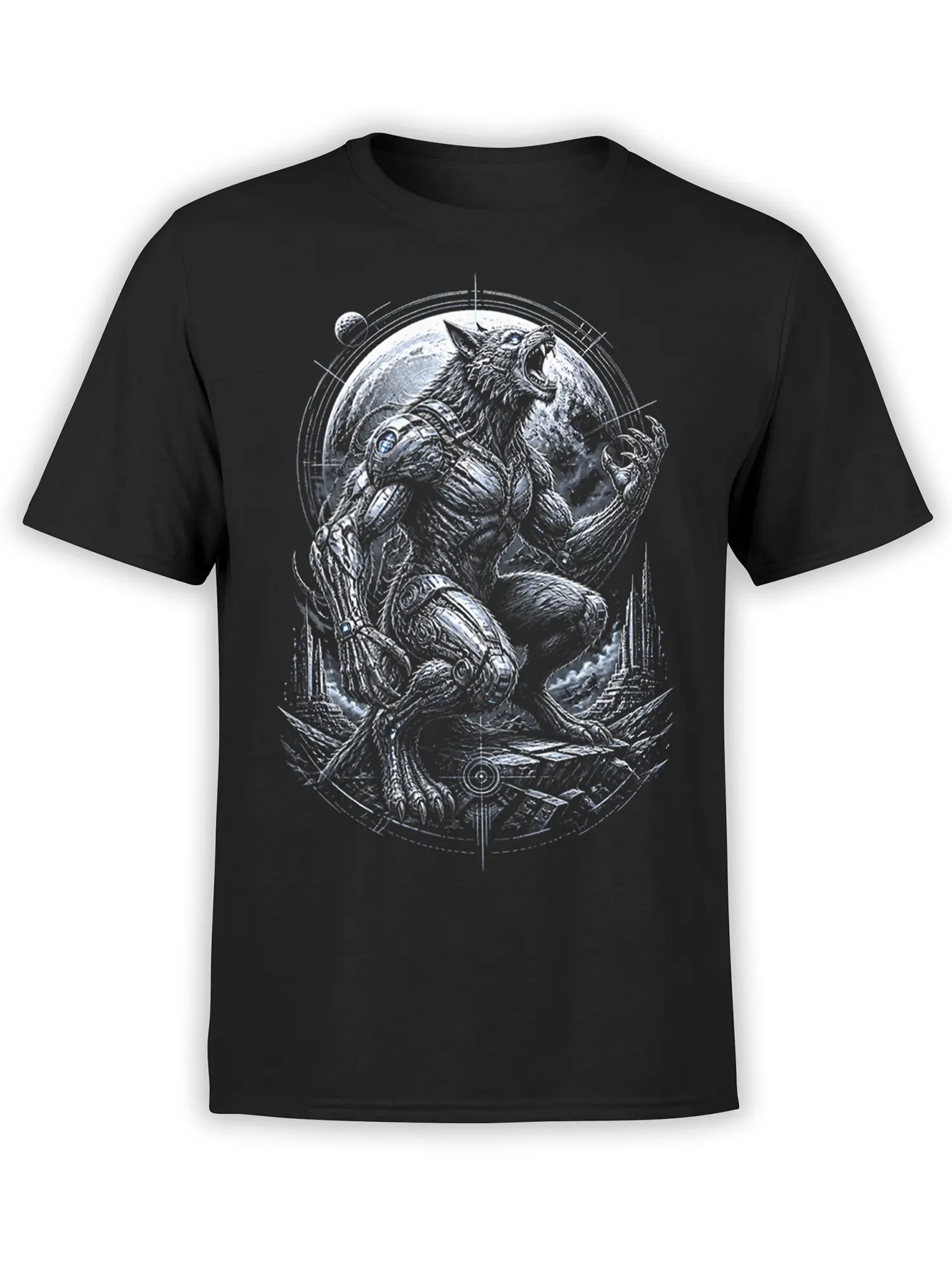 Armored snarling wolf in a cosmic fantasy scene printed on a black wolf T-shirt