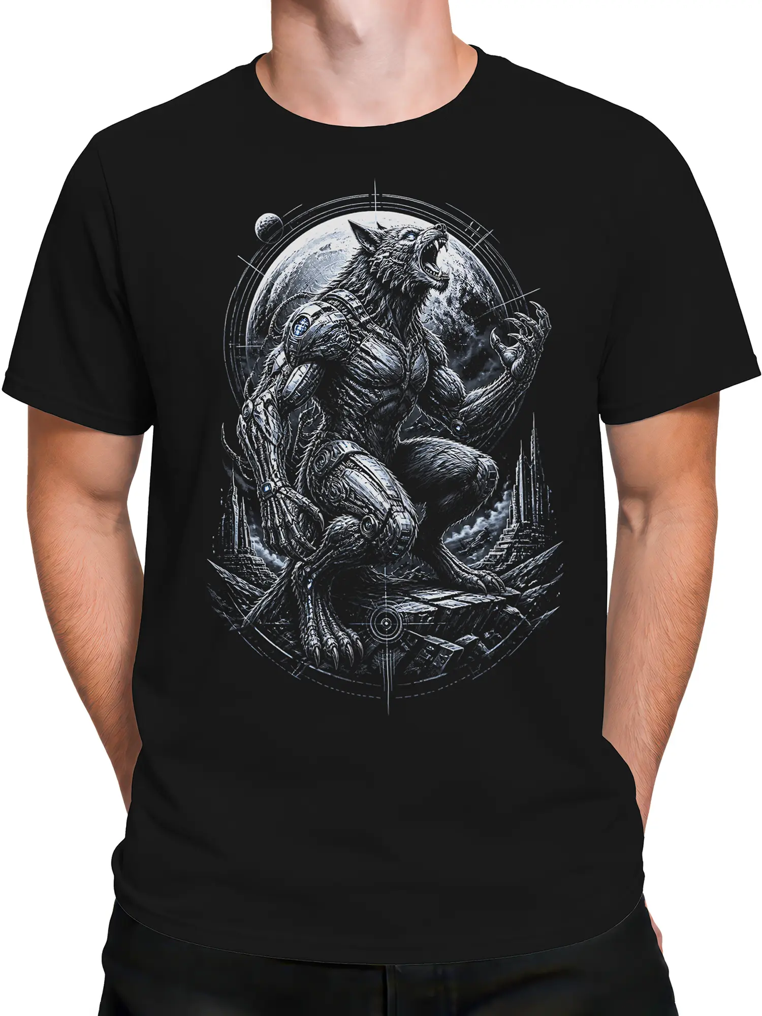 Male torso wearing a black T-shirt with detailed cosmic armored wolf artwork