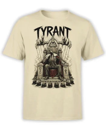 Beige Tyrant T-shirt with a masked ruler, puppet strings, fear, control, and all-seeing eye artwork