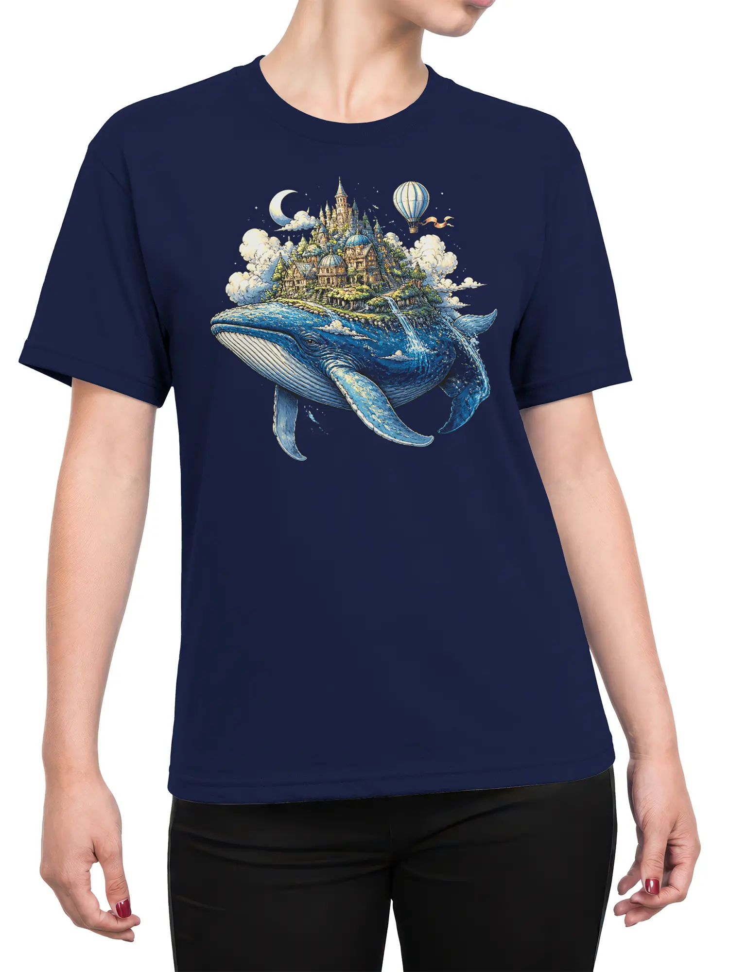 Female torso wearing a navy whale T-shirt with a floating castle and moonlit fantasy design