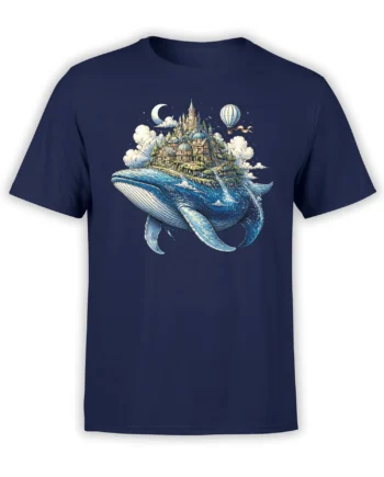 Navy whale T-shirt with a floating castle, crescent moon, clouds, and hot air balloon