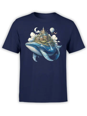 Navy whale T-shirt with a floating castle, crescent moon, clouds, and hot air balloon