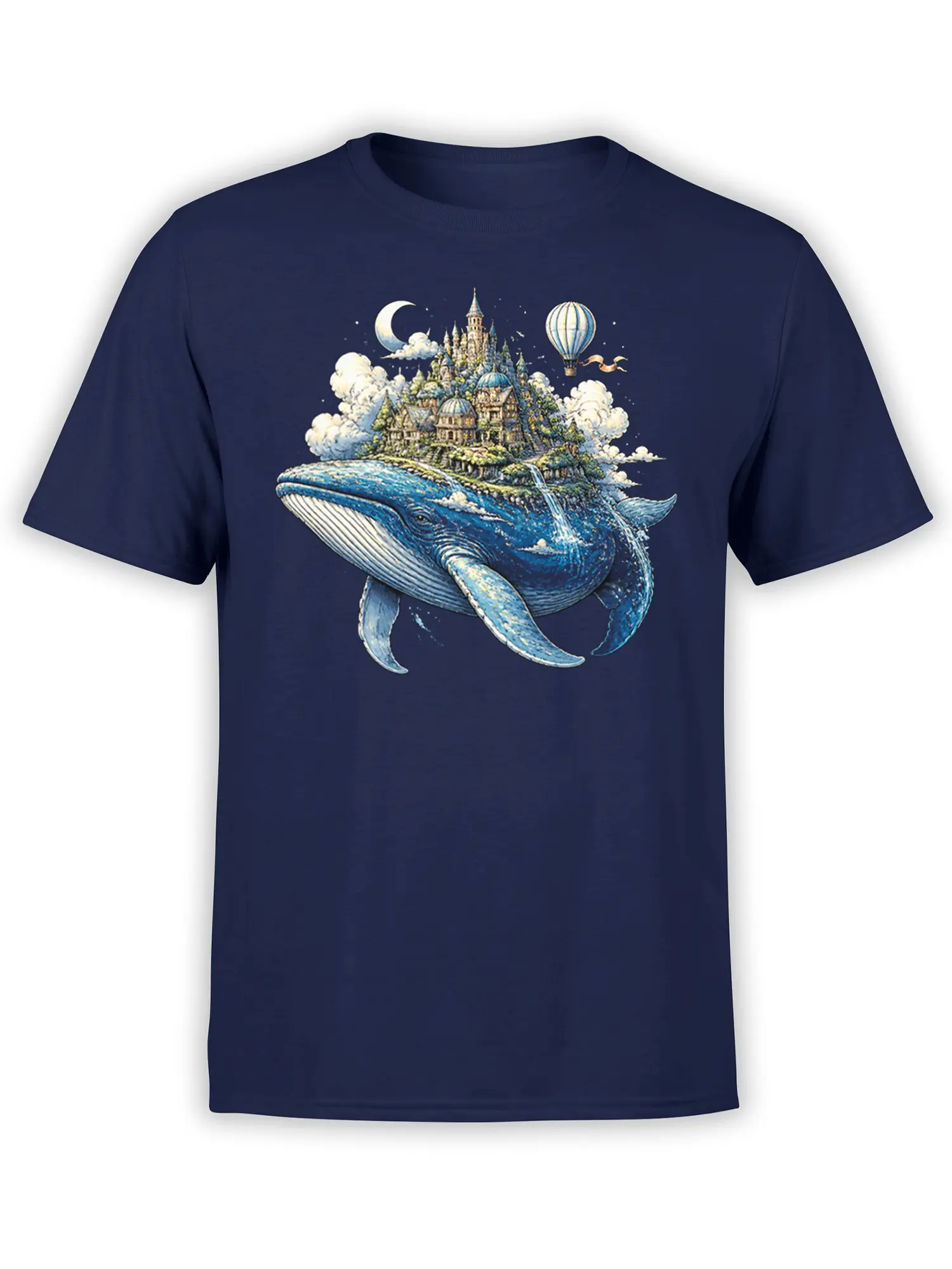 Navy whale T-shirt with a floating castle, crescent moon, clouds, and hot air balloon