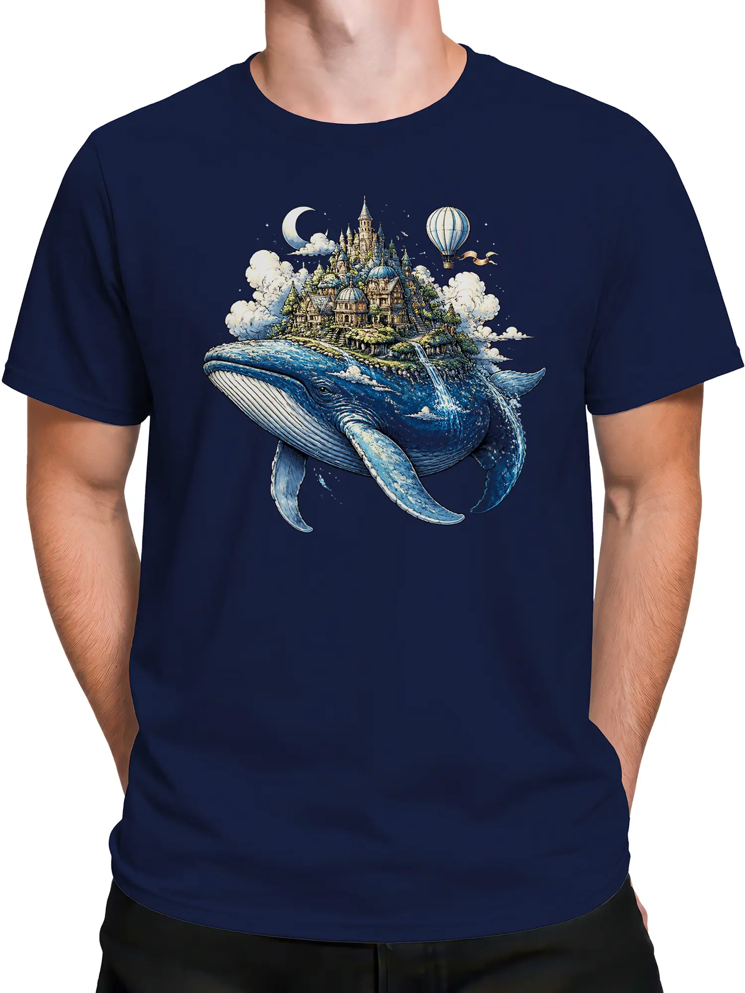 Male torso wearing a navy whale T-shirt with a detailed floating castle illustration
