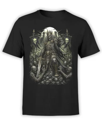 Black T-shirt with crowned skeleton king, moonlit castle, skulls, sword, and undead army