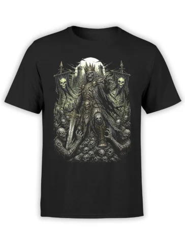 Black T-shirt with crowned skeleton king, moonlit castle, skulls, sword, and undead army