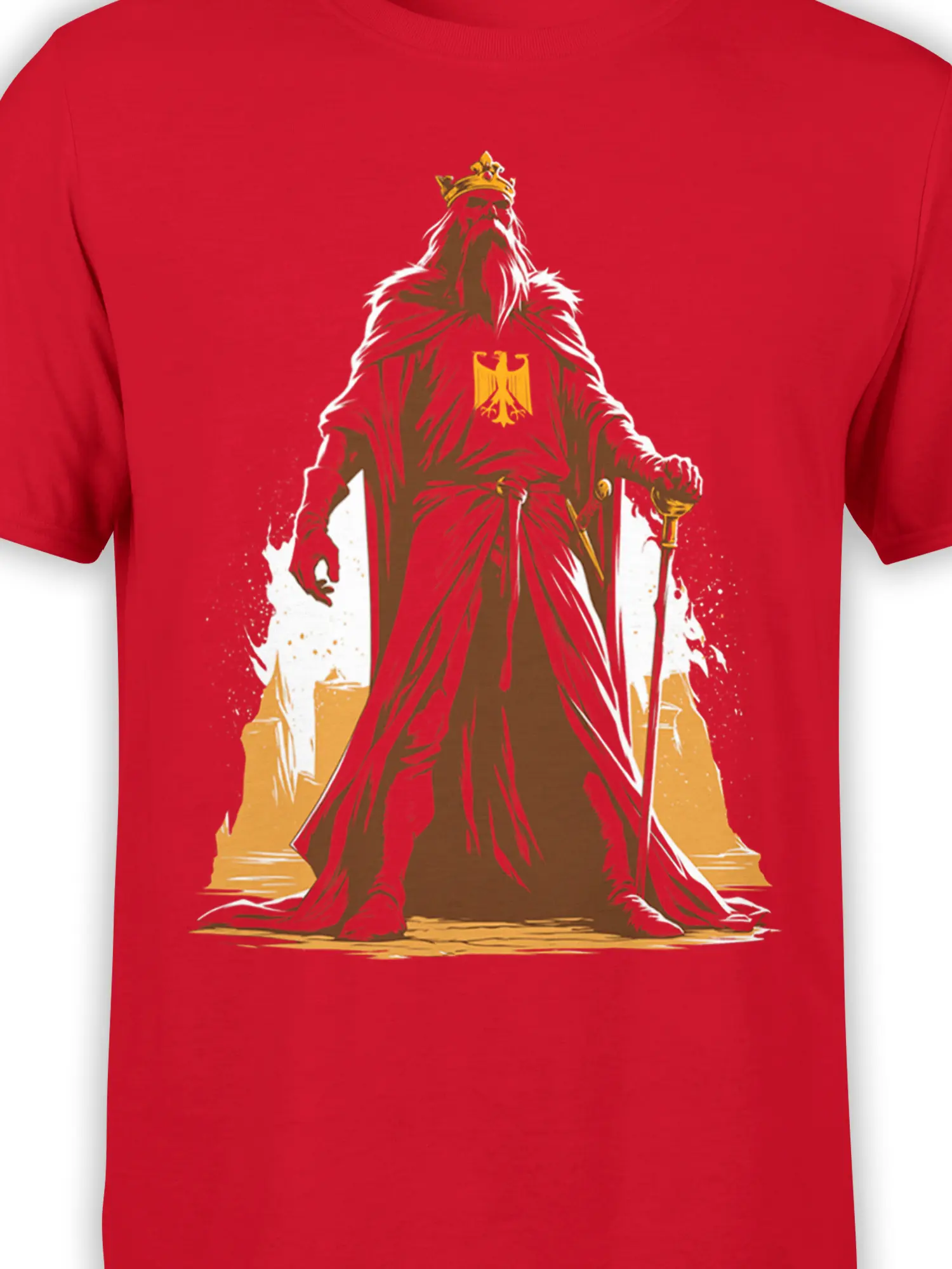 Close-up of crowned warrior fantasy artwork with sword and golden eagle emblem on red fabric