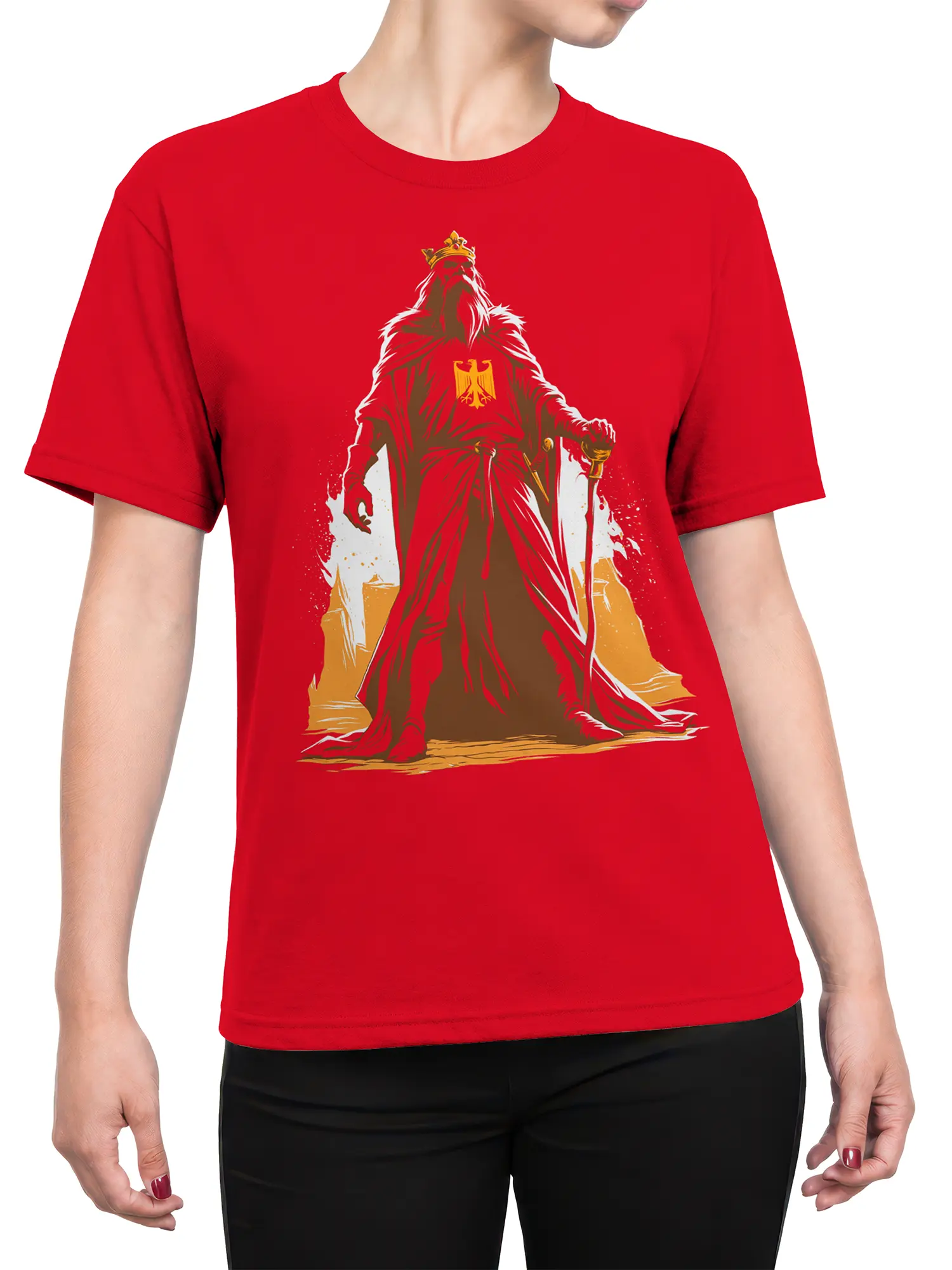 Female torso wearing a red fantasy T-shirt with crowned warrior and medieval eagle artwork