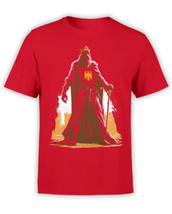 Red fantasy T-shirt featuring a crowned warrior in a flowing cloak with a sword and eagle emblem