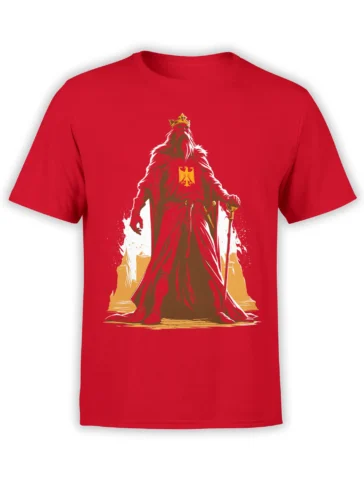 Red fantasy T-shirt featuring a crowned warrior in a flowing cloak with a sword and eagle emblem