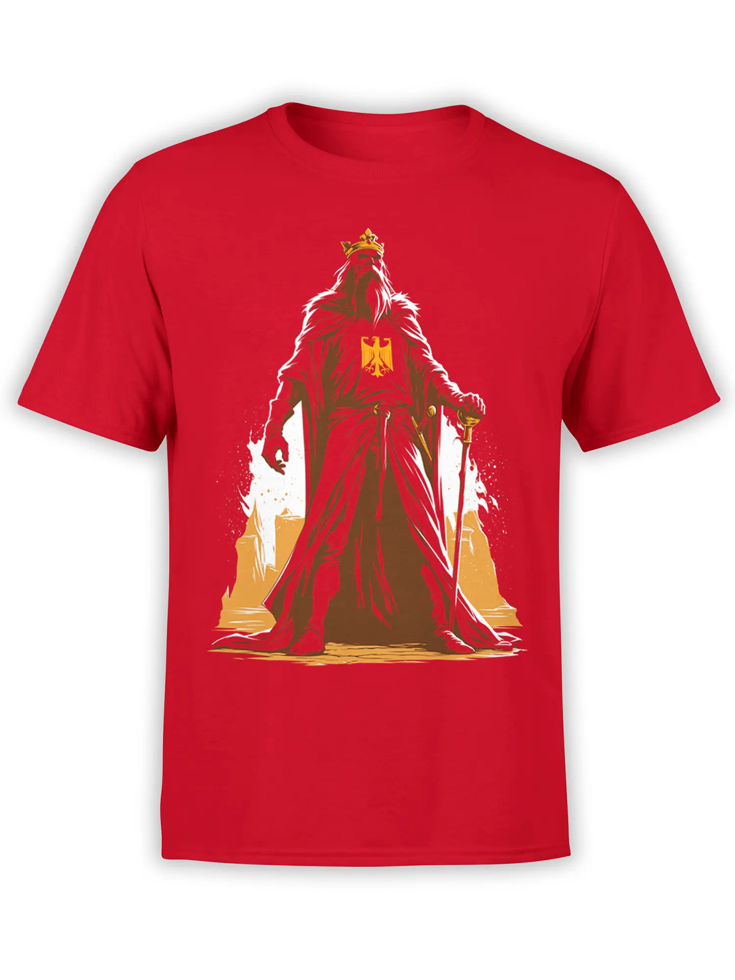 Red fantasy T-shirt featuring a crowned warrior in a flowing cloak with a sword and eagle emblem