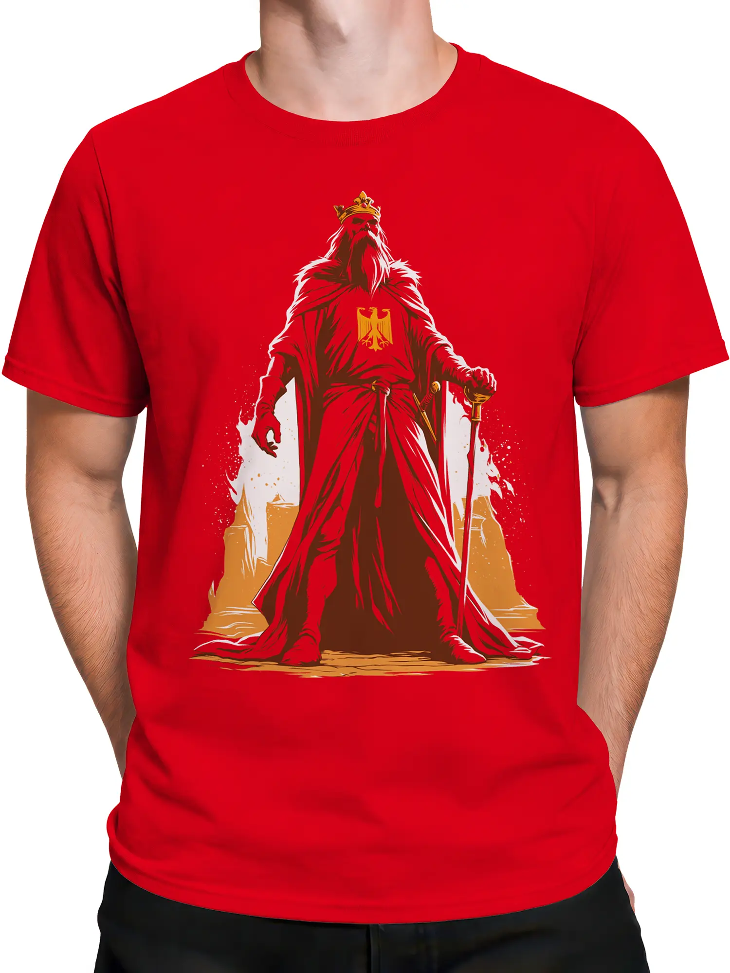 Male torso wearing a red fantasy T-shirt with crowned warrior and medieval eagle artwork