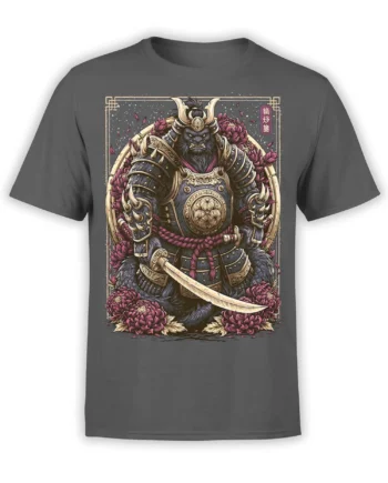 Armored monkey samurai with curved sword and magenta flowers on a gray T-shirt