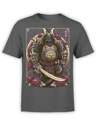 Armored monkey samurai with curved sword and magenta flowers on a gray T-shirt