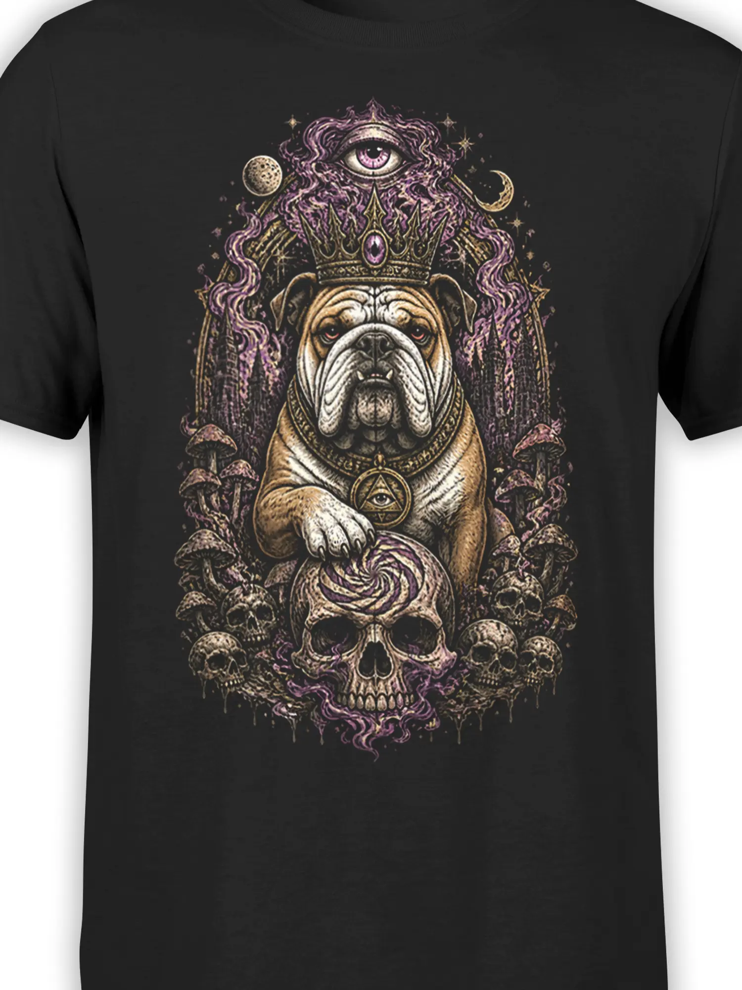 Close-up of crowned bulldog graphic with eye symbol, skulls, mushrooms, and purple fantasy details on black