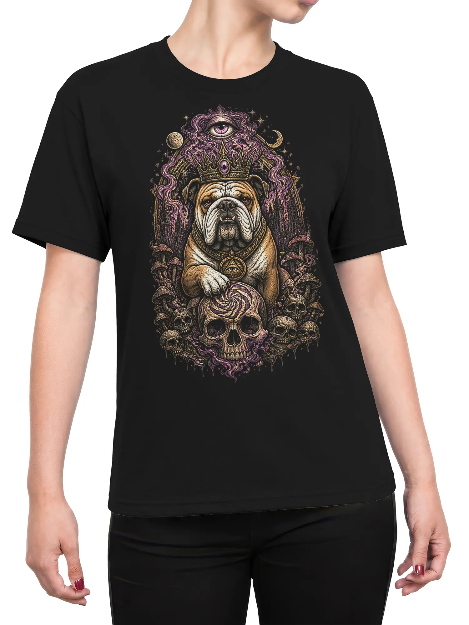 Female torso wearing a black crowned bulldog t-shirt with mystical eye, skulls, mushrooms, and purple artwork