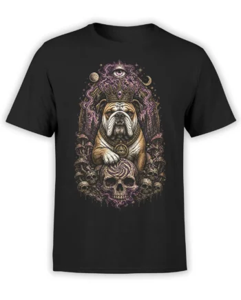 Black bulldog fantasy t-shirt with crown, mystical eye, skulls, mushrooms, moons, and purple artwork