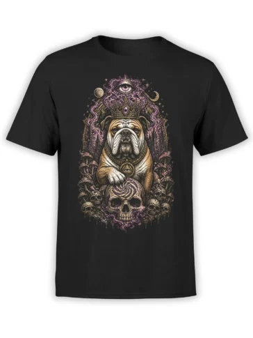 Black bulldog fantasy t-shirt with crown, mystical eye, skulls, mushrooms, moons, and purple artwork