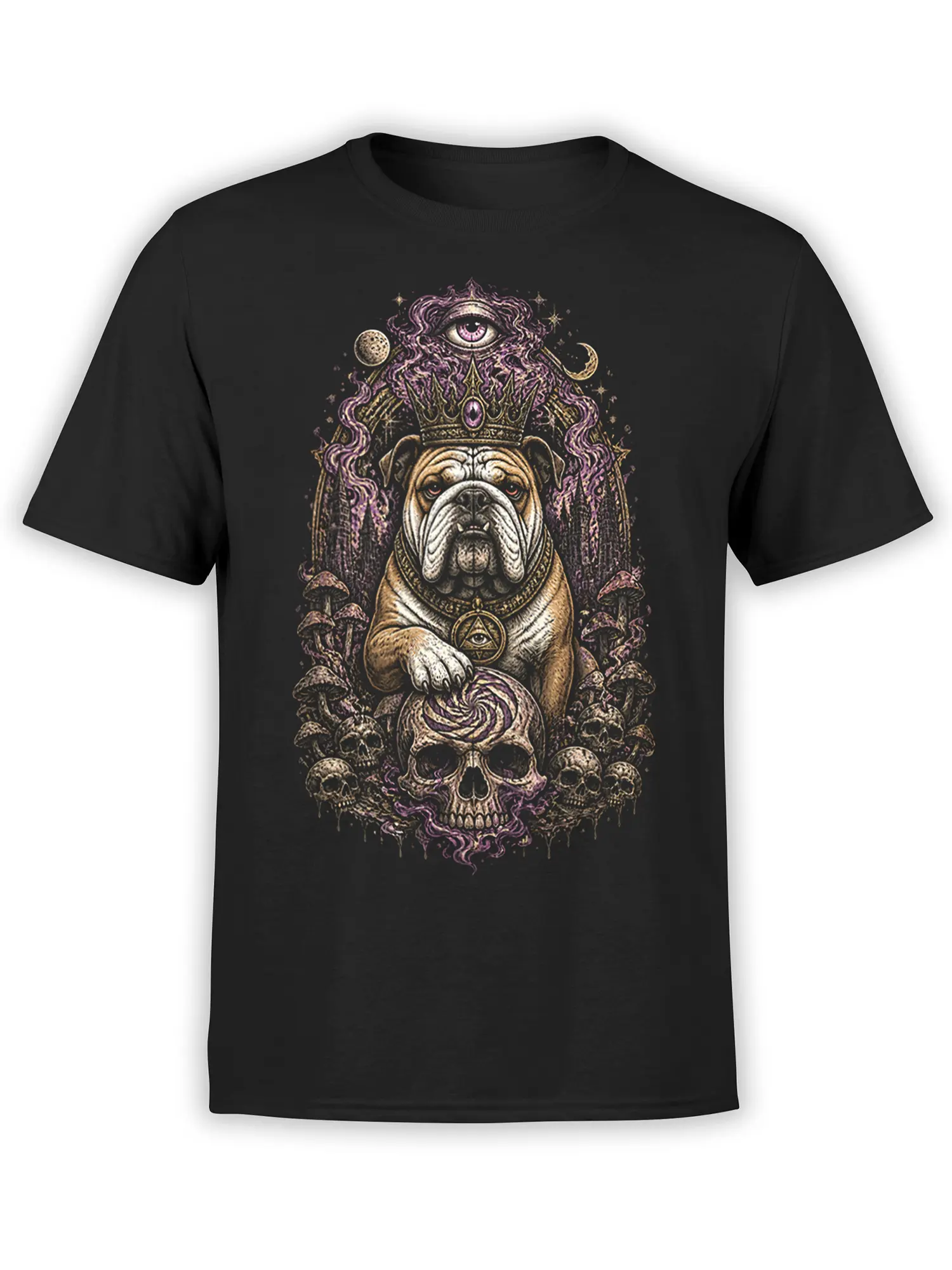 Black bulldog fantasy t-shirt with crown, mystical eye, skulls, mushrooms, moons, and purple artwork