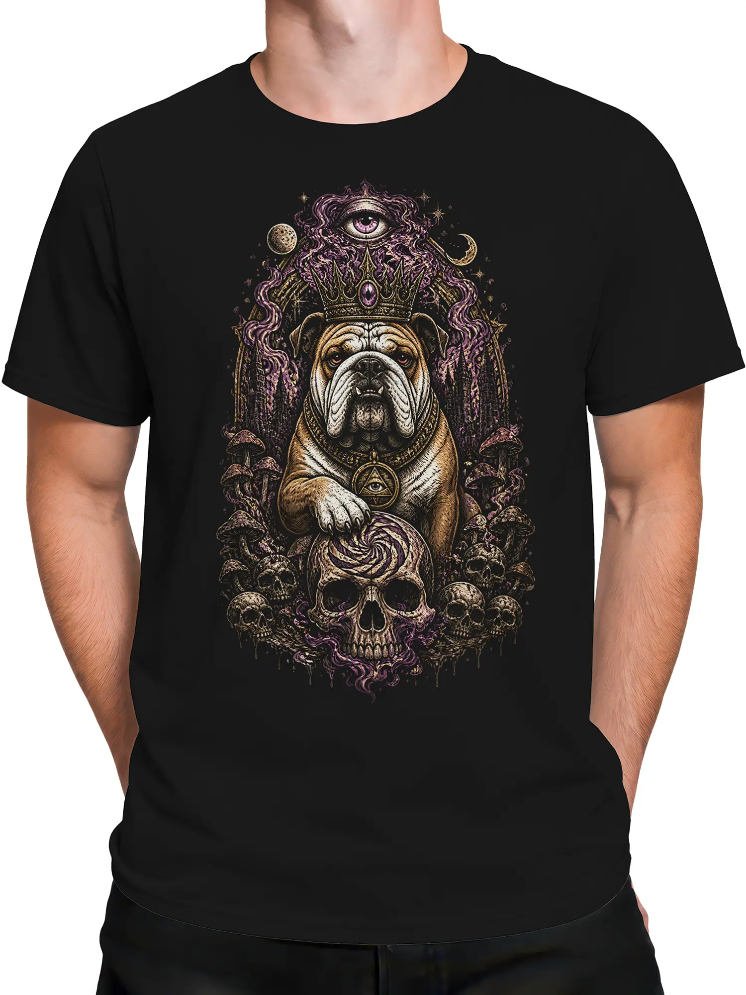 Male torso wearing a black fantasy bulldog t-shirt with crown, skulls, mushrooms, and mystical purple artwork