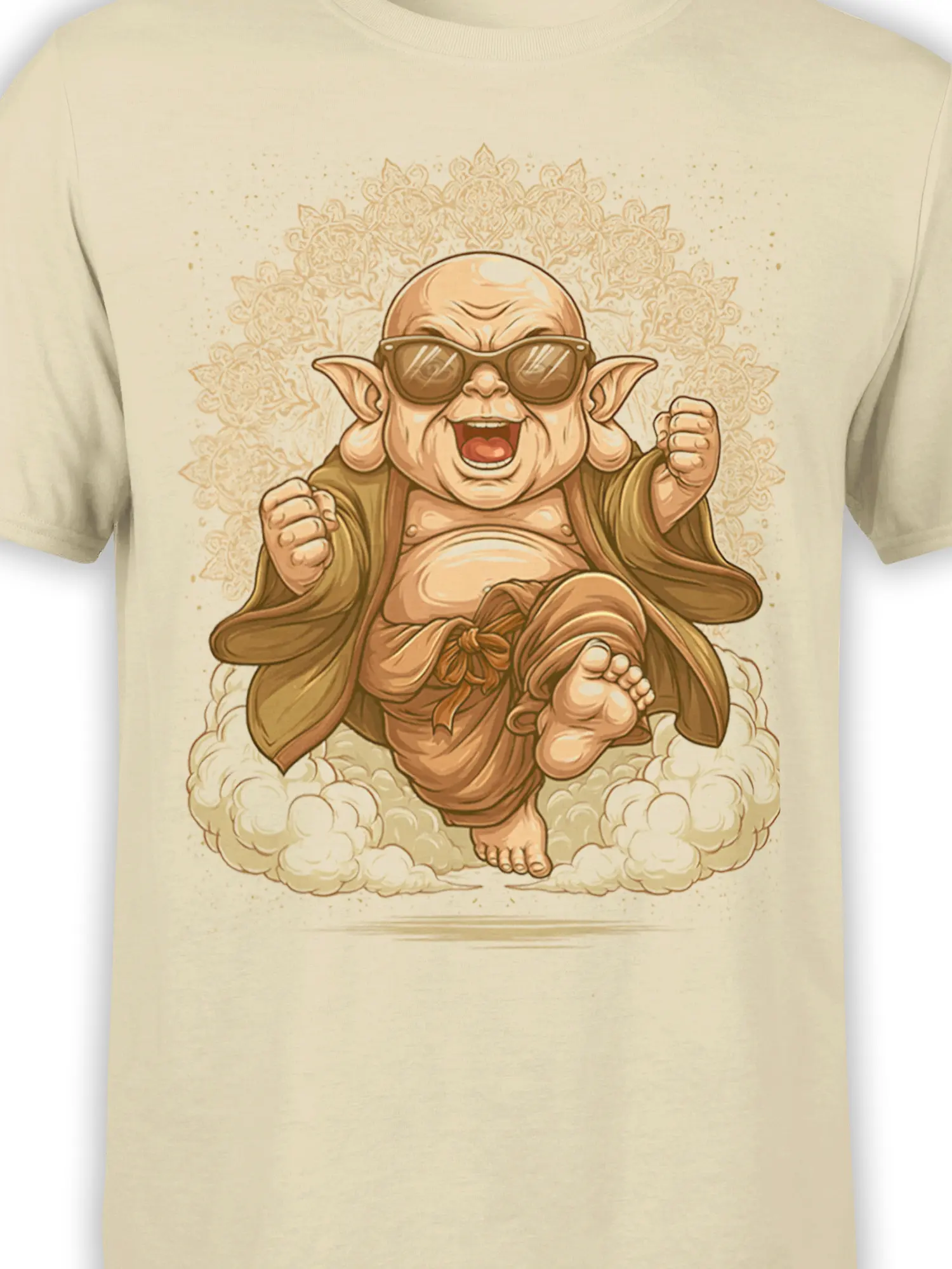 Close-up of the goblin mystic design with sunglasses, raised fists, clouds, and ornate mandala details on beige fabric