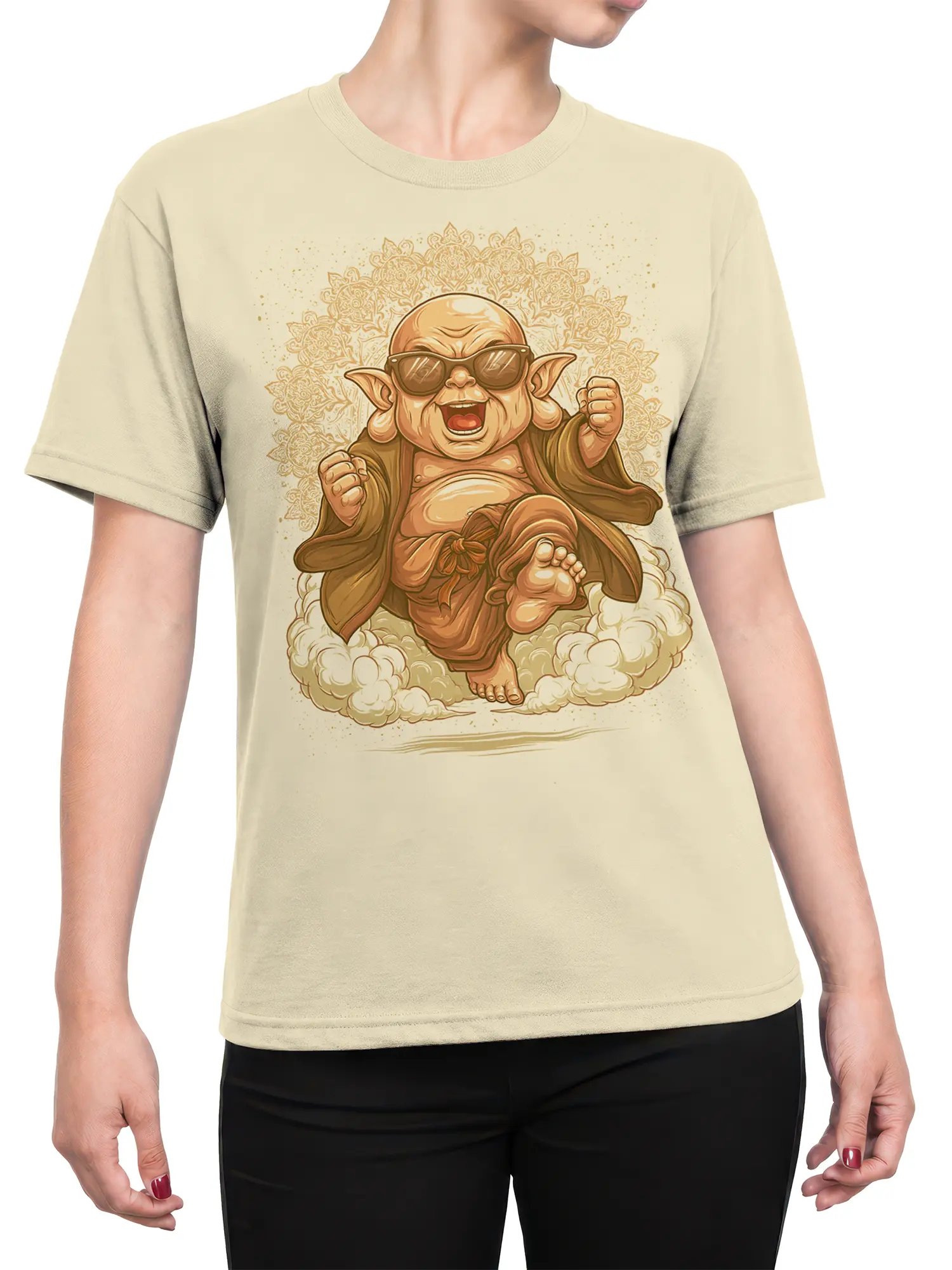Female torso wearing a beige fantasy t-shirt with a sunglasses-wearing goblin mystic floating among clouds