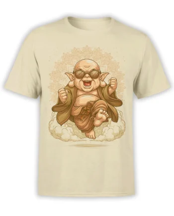 Beige fantasy t-shirt with a smiling goblin mystic in sunglasses floating on clouds before a golden mandala