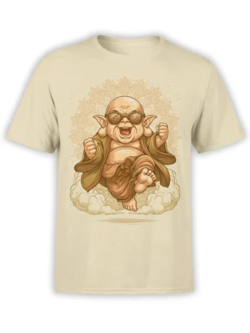 Beige fantasy t-shirt with a smiling goblin mystic in sunglasses floating on clouds before a golden mandala