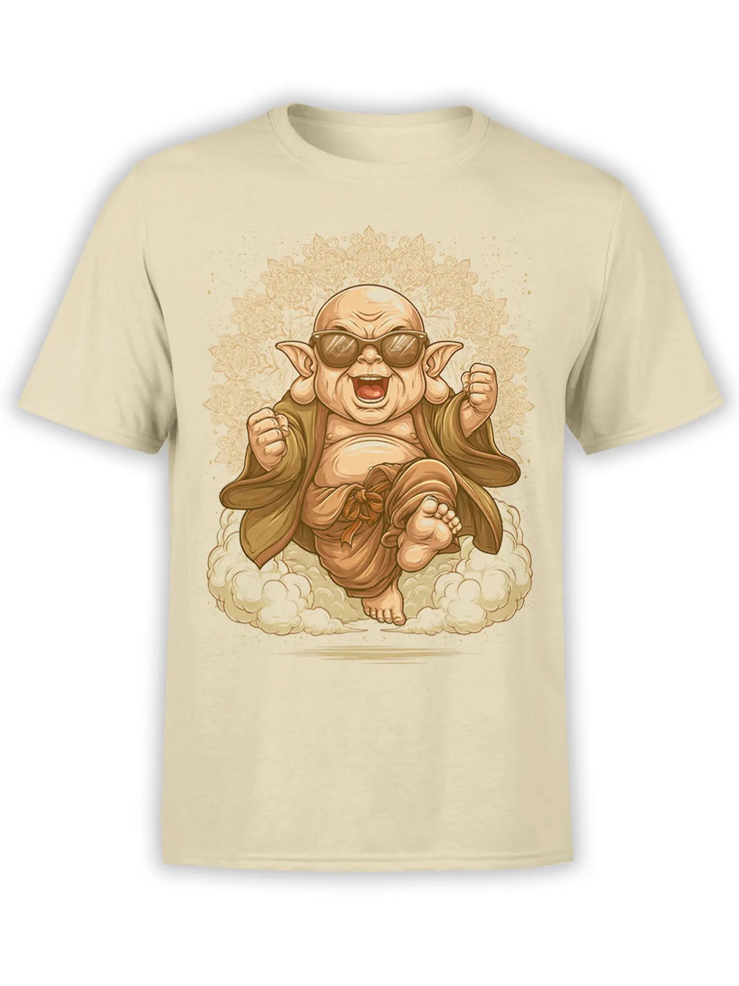Beige fantasy t-shirt with a smiling goblin mystic in sunglasses floating on clouds before a golden mandala