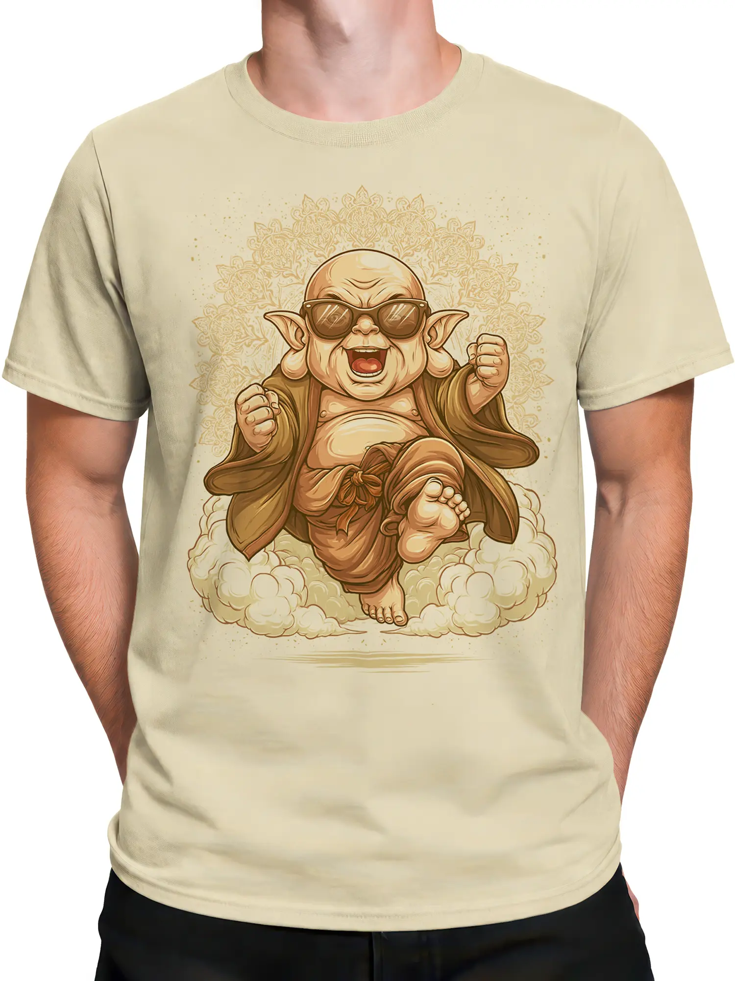 Male torso wearing a beige fantasy t-shirt with a smiling goblin mystic in robes and sunglasses