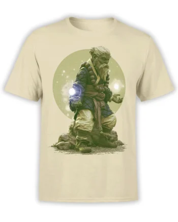 Beige T-shirt with a bearded cosmic sage in blue robes, prayer beads, and glowing hands