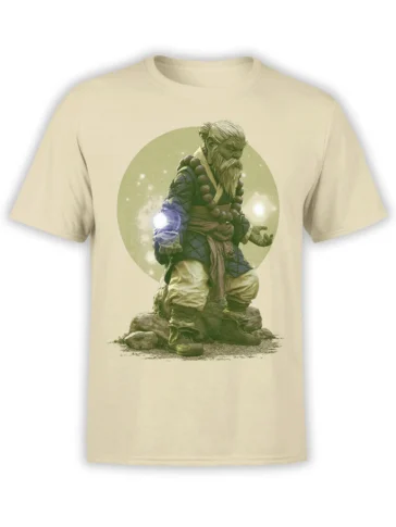 Beige T-shirt with a bearded cosmic sage in blue robes, prayer beads, and glowing hands