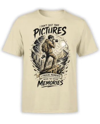 Beige photographer T-shirt with camera, mountains, city skyline, and “Freeze Moments” memory lettering