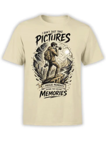 Beige photographer T-shirt with camera, mountains, city skyline, and “Freeze Moments” memory lettering