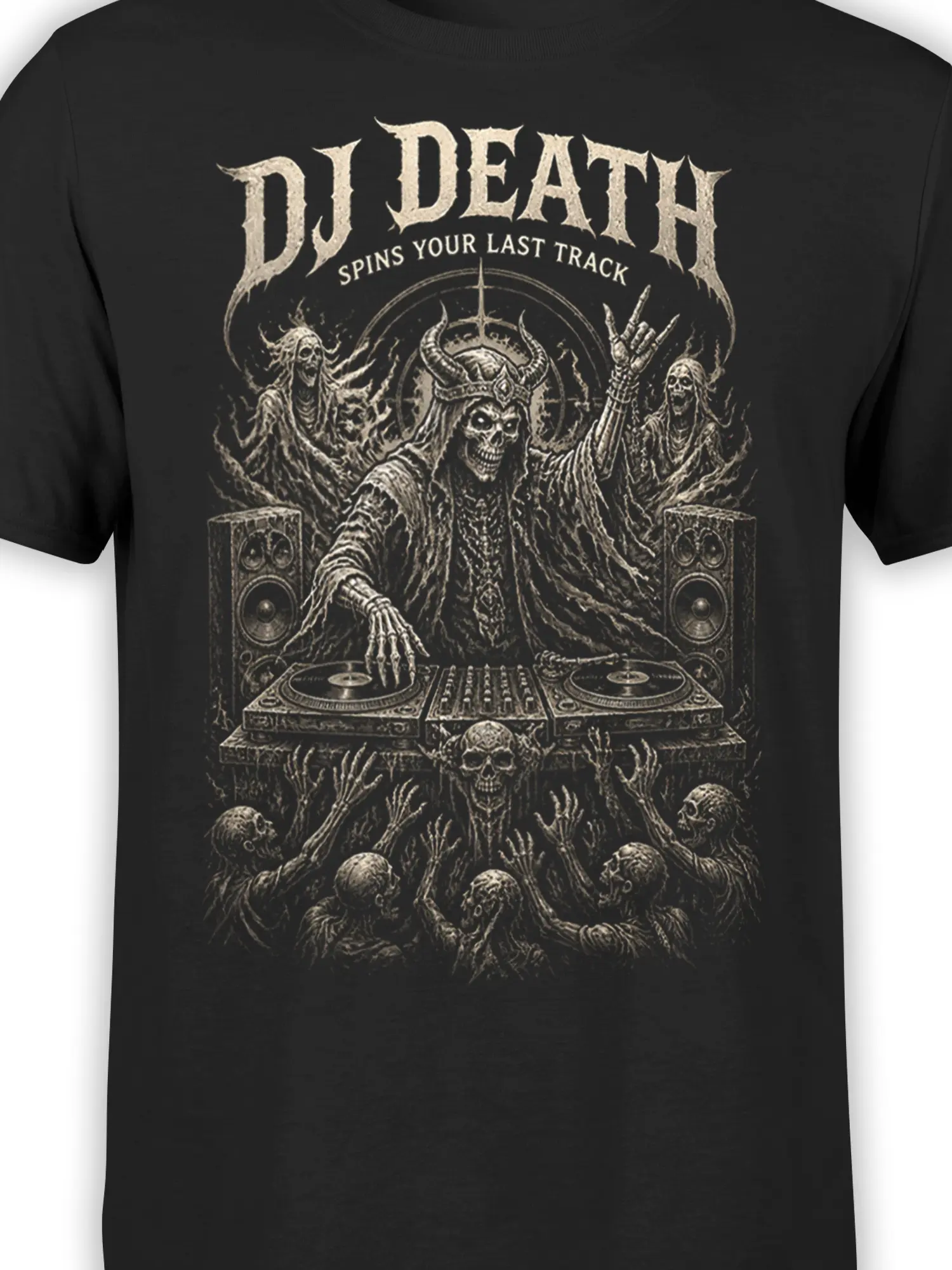 Close-up of skeleton DJ artwork with turntables and undead figures on a black shirt