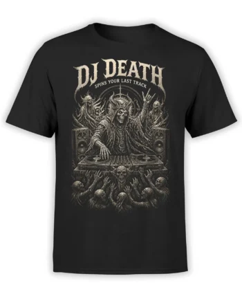 Black skeleton DJ t-shirt with turntables, speakers, undead crowd, and DJ Death lettering