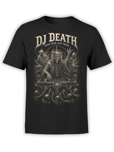 Black skeleton DJ t-shirt with turntables, speakers, undead crowd, and DJ Death lettering