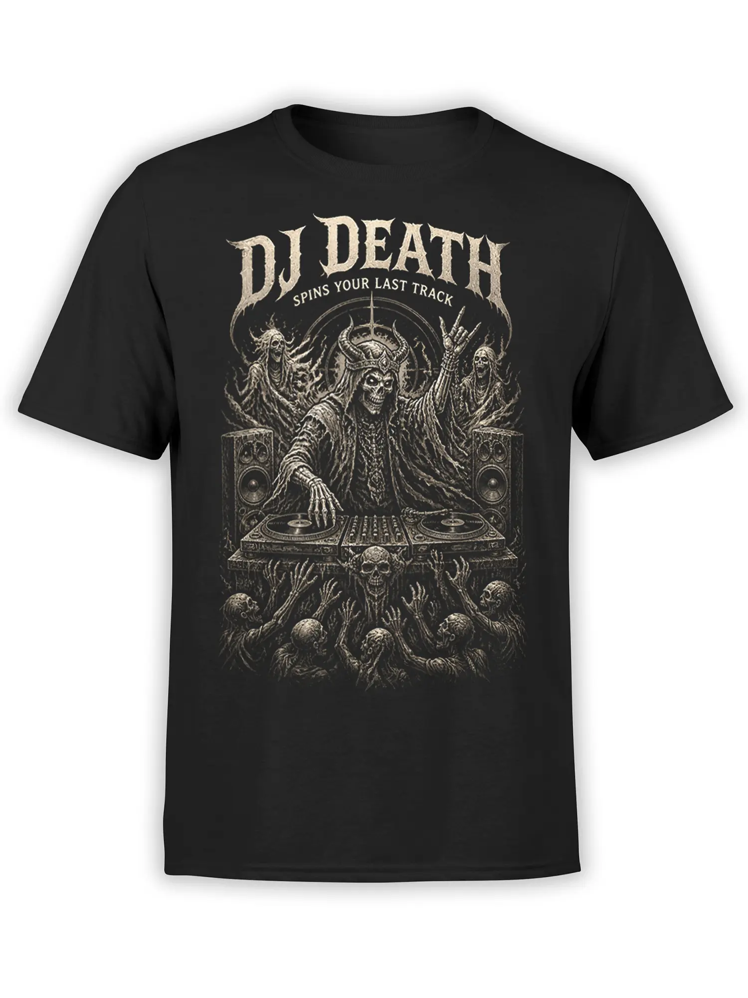 Black skeleton DJ t-shirt with turntables, speakers, undead crowd, and DJ Death lettering