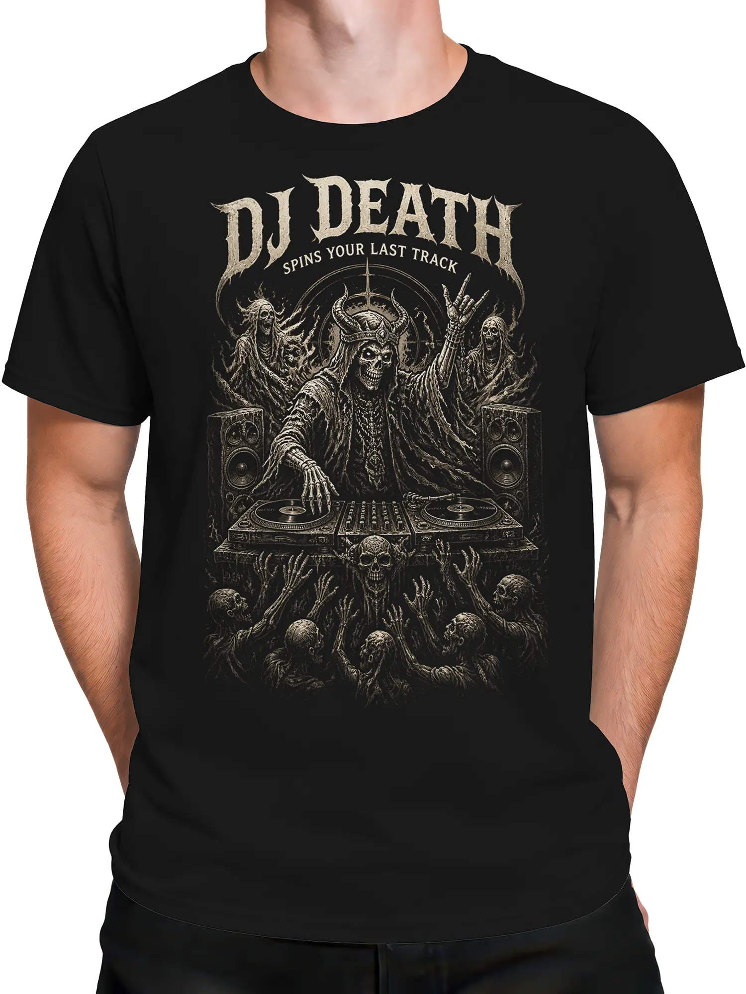 Male torso wearing a black skeleton DJ t-shirt with dark music artwork