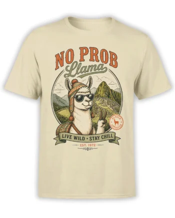 Beige llama T-shirt with sunglasses, mountain scenery, and “Live Wild Stay Chill” vintage artwork