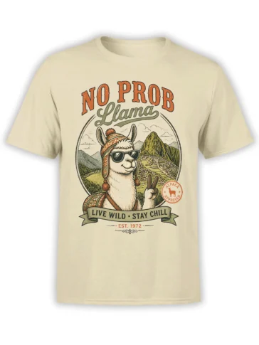Beige llama T-shirt with sunglasses, mountain scenery, and “Live Wild Stay Chill” vintage artwork