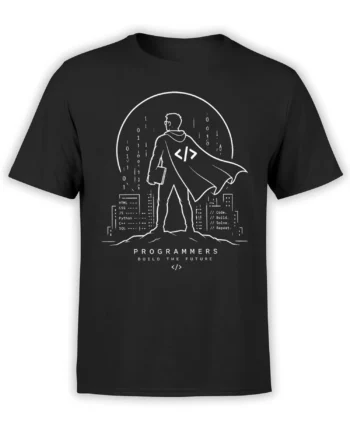Black programmer T-shirt with a caped coder, binary code, programming languages, and future-building text